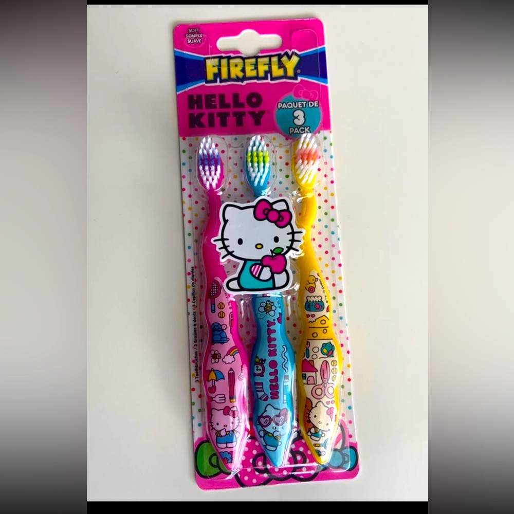 3 pc • Hello Kitty Soft Toothbrush Sanrio Firefly Kids Pink Blue Yellow• Cute!!